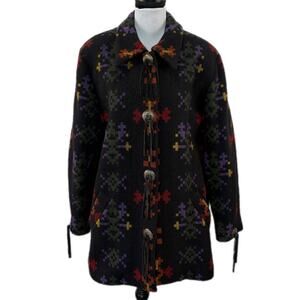 Vintage Wool Blend Southwest Pattern Fringe Button Coat Made in USA - Women's 14
